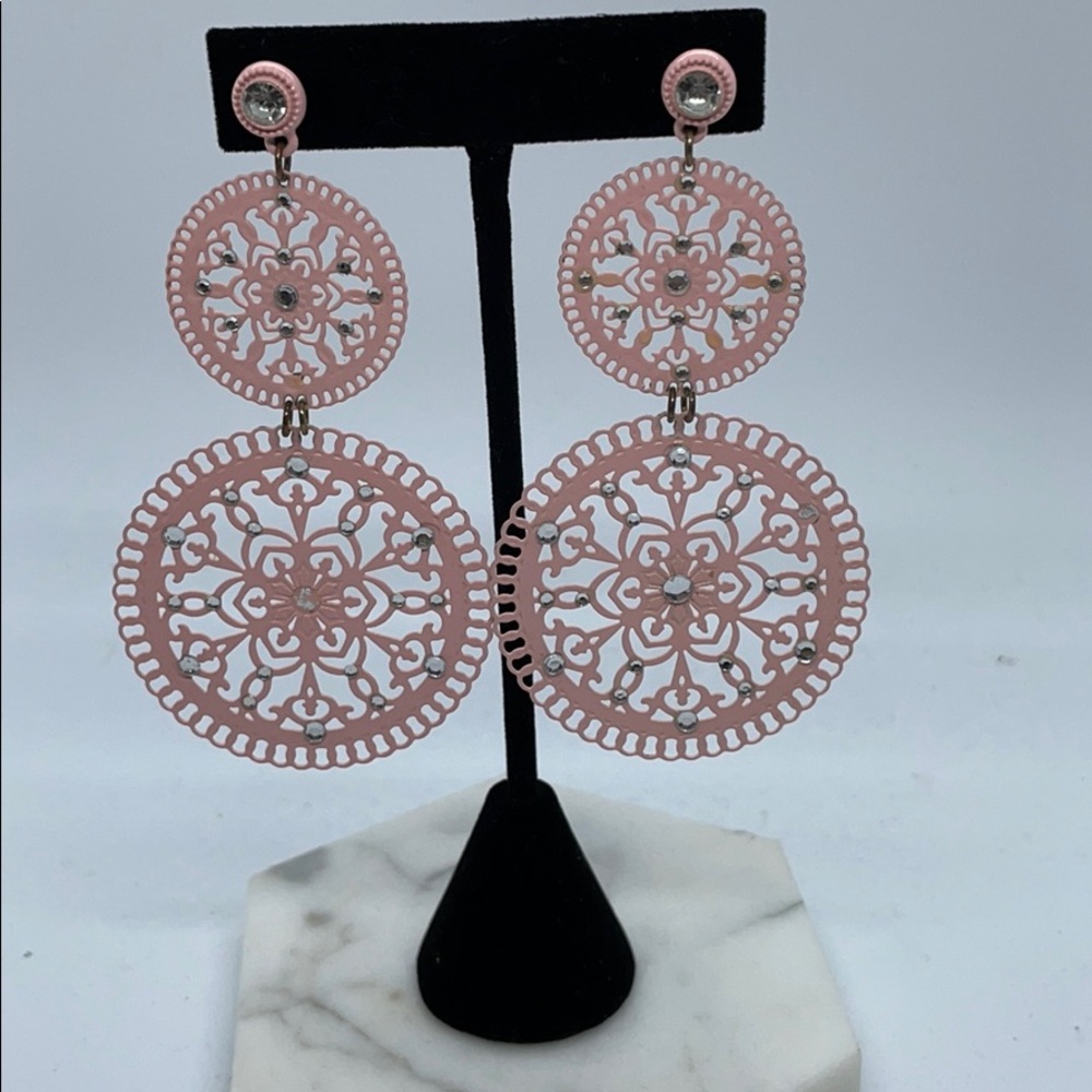 Pink Filigree Pierced Earring with Rhinestones